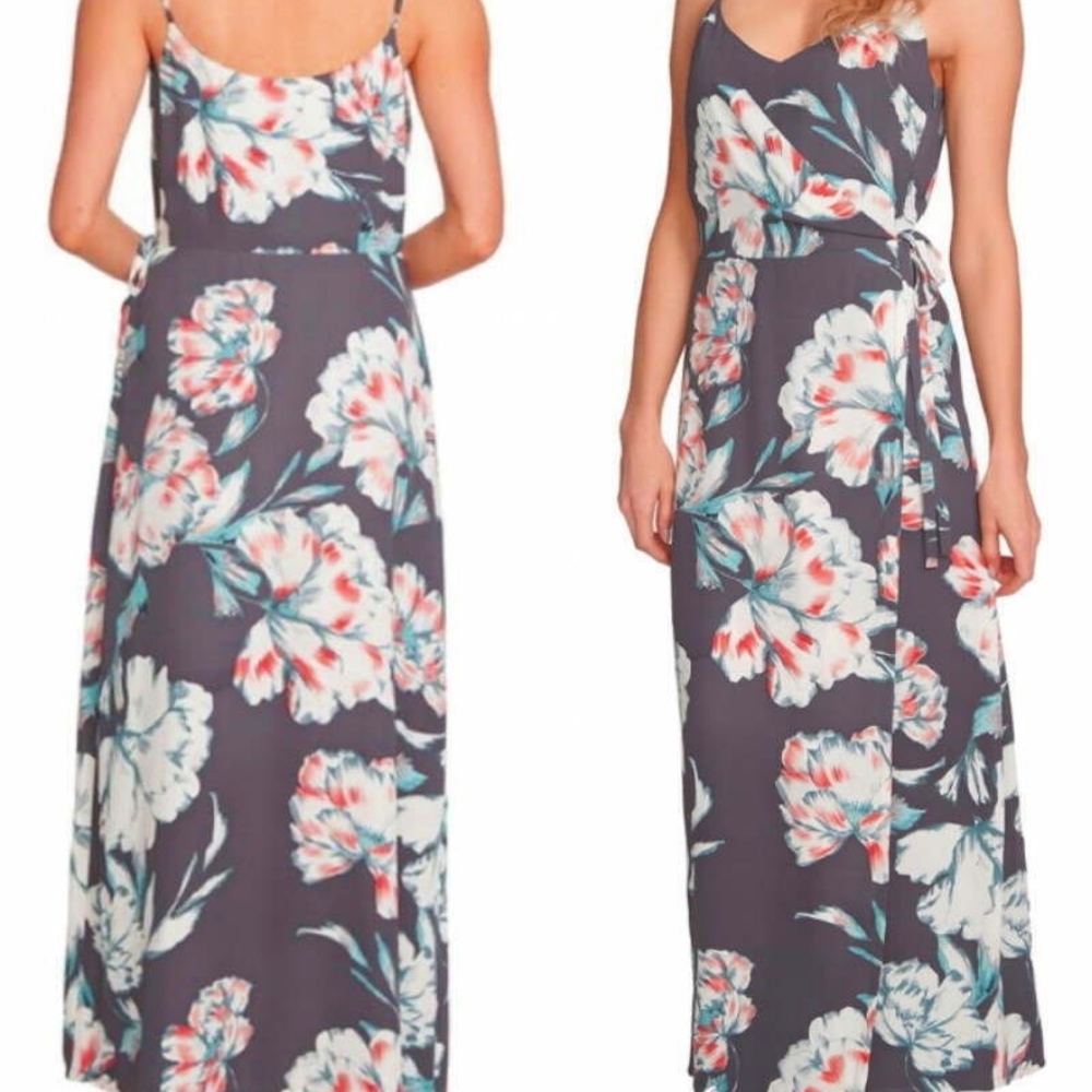 1. State Charcoal Floral Wrap Maxi Dress with White and Coral Accents